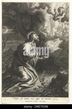 Christ dans le Hof van olives, Schelte Adamsz. Bolswert, d'après Pierre Paul Rubens, 1596 - 1659 imprimer le Christ s'agenouille dans le Hof des oliviers et voit quelle souffrance l'attend encore à travers la vie dissolue de l'humanité. Un ange lui offre un calice. Sous le spectacle se trouve une citation de Matthieu 26. Gravure sur papier agonie du Christ : pour le réconforter un ou plusieurs anges apparaissent au Christ avec un calice et/ou une croix Banque D'Images
