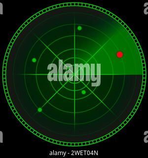 Objet volant non identifié. Écran radar montrant un point rouge parmi les points verts, illustration Banque D'Images