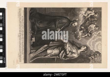 Marie apparaît à Saint Ignace van Loyola, Schelte Adamsz. Bolswert, d'après Gérard Seghers, 1631 estampe Marie apparaît sur Saint Ignace de Loyola. Le Saint est agenouillé avec un livre ouvert et regarde Maria dans le culte. De petits anges sur les nuages saupoudrent des roses et le monogramme de Dieu apparaît en lettres hébraïques. Apparences gravées sur papier de Marie. Le fondateur de l'ordre des Jésuites, Ignace de Loyola ; attributs possibles : livre (avec 'ad majorem Dei Gloriam'), démon, dragon sous les pieds, flammes, cœur enflammé, globe, monogramme IHS, crâne (avec couronne), larmes dans les yeux, torche Banque D'Images
