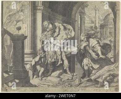 Énée fuit avec sa famille de Troie, Agostino Carracci, après Federico Barocci, 1595 estampe Énée porte son père Anchises sur son dos. Ascanius court à gauche et une femme à droite. Le Troie brûlant en arrière-plan. Texte en STUDMARGE. Gravure sur papier 'Pie Énées' : Énée, dirigeant Ascanius, s'échappe de Troie brûlant, portant son père Anchise avec les Penates ; sa femme Creusa, qui part avec eux, est perdue sur le chemin trois Banque D'Images