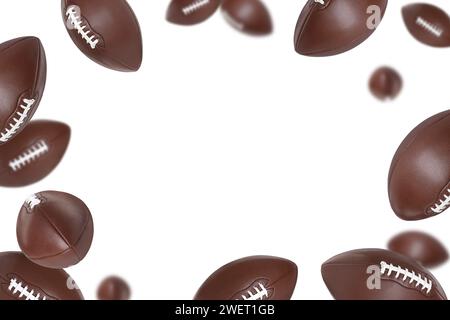 Beaucoup de balles de football américain tombant sur fond blanc Banque D'Images