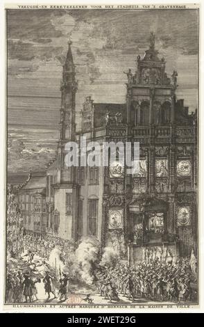 Joy marks for the mairie, 1691, 1691 print Joys for the mairie, à l'occasion de l'arrivée de Stadhouder-Koning Willem III à la Haye, le 5 février 1691. Scène du soir avec un échafaudage avec des torches brûlantes sur la gauche, tirant des soldats Saluutschoten regardé par les visiteurs sur les escaliers de la mairie. Sur la façade de l'hôtel de ville illuminé des portraits de Willem et Maria et Emblemen. Gravure de papier entrée triomphale et réception publique, concours, entrée solennelle, entrée joyeuse. Décoration et illumination des rues, places, etc ( entrée triomphale, etc.) Mairie Banque D'Images