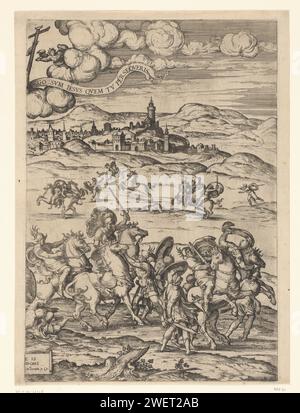 Conversion de Paulus, 1545 - 1608 imprimer plaque droite. Les soldats romains se battent en dehors de Damas. Les chevaux paniquent. Central au sommet, Christ apparaît des nuages avec deux anges. Deux banderoles en plus de Christ citant actes 9 : 4-5. Une banderole centrale au bas des actions 9. Gravure de papier sur le chemin de Damas Christ apparaît à Saul, qui tombe de son cheval et est aveuglé par la lumière. Combat unique à la place de la bataille (+ cavalerie, cavaliers) Damas Banque D'Images