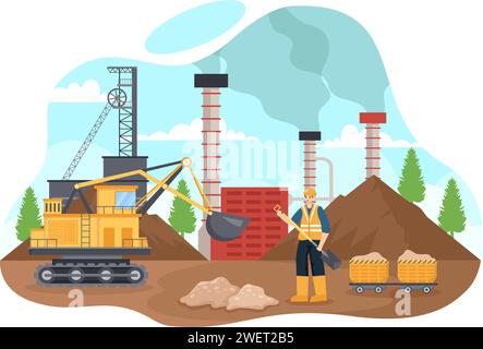 Illustration vectorielle de compagnie minière avec des tombereaux jaunes lourds pour le processus industriel de mine de sable ou le transport dans le fond plat de dessin animé Illustration de Vecteur