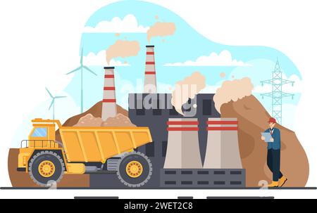 Illustration vectorielle de compagnie minière avec des tombereaux jaunes lourds pour le processus industriel de mine de sable ou le transport dans le fond plat de dessin animé Illustration de Vecteur