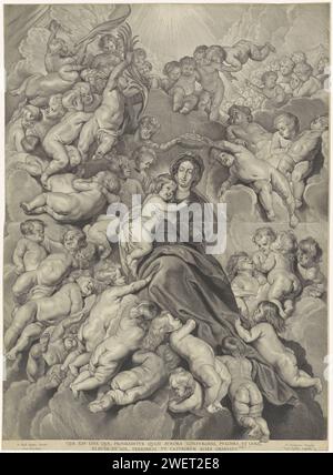 CREANT DE MARIA, Cornelis Visscher (II), d'après Pierre Paul Rubens, 1638 - 1658 imprimer la Vierge Marie, entourée d'une grande quantité de putti, est couronnée dans les nuages d'une couronne de Laurier. Dans ses bras, elle a l'enfant Christ. Gravure sur papier Madonna (c'est-à-dire Marie avec le Christ-enfant) dans les airs, ou sur les nuages (+ ange(s)). Couronnement de Marie par Dieu le Père et Christ Banque D'Images