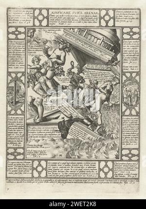 La maison construite sur le sable, 1598 - 1604 imprimer série de dix (à l'origine douze) allégories de la foi chrétienne. Chacune des allégories consiste en une performance centrale entourée d'un cadre dans lequel des citations de la Bible sont combinées avec l'imagination de certains événements de la Bible. Dans la marge au bas deux lignes de latin et le nombre 7. Gravure de papier maison construite sur un rocher ; maison construite sur le sable  doctrine du Christ sur l'amour, etc (Matthieu 7:24-27, Luc 6:47-49) Banque D'Images