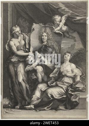 Portrait de Pierre Vincent Bertin, Gérard Edelinck, d'après Noël -Nicolas Coypel, 1700 - 1707 imprimer deux femmes comme personnifications de la peinture et de la sculpture déploient un portrait de Pierre Vincent Bertin (1653-1711) avec deux putti. Gravure sur papier 'Pictura', représentations symboliques, allégories et emblèmes  peinture ; 'Pittura' (Ripa). 'Sculptura', représentations symboliques, allégories et emblèmes  sculpture ; 'Scoltura' (Ripa) Banque D'Images