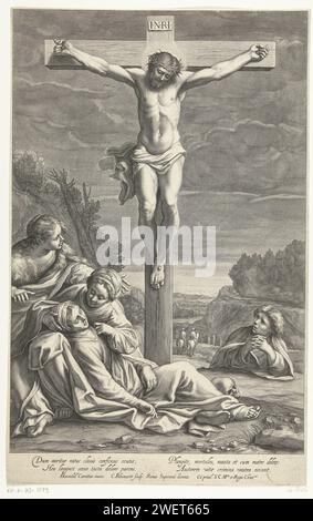 Crucifixion du Christ, Cornelis Bloemaert (II), d'après Annibale Carracci, 1633 - 1692 print Christ cloué à la croix. Maria est couchée brièvement au pied de la croix, soutenue par les Sainte femmes. Jean le Baptiste est représenté à droite de la croix. Le crâne au pied de la croix indique non seulement Golgotha, le crâne, mais propose également le crâne Adams. Papier gravant la crucifixion du Christ : la mort du Christ sur la croix ; Golgotha (Matthieu 27:45-58, Marc 15:33-45, Luc 23:44-52, Jean 19:25-38) Banque D'Images