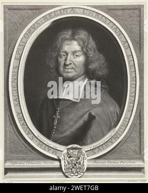 Portret van Mathurin Savary, Gérard Edelinck, d'après Louis Ferdinand elle (II), 1683 tirage Portrait de l'évêque français Mathurin Savary, représenté dans un cadre ovale avec du texte en latin et arme. gravure sur papier Banque D'Images