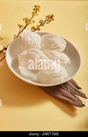 Gros plan d'un nid d'oiseau comestible sur des plats ronds blancs, brindille sèche et branche de fleur jaune sur fond beige. Le nid d'oiseau est un ing culinaire coûteux Banque D'Images