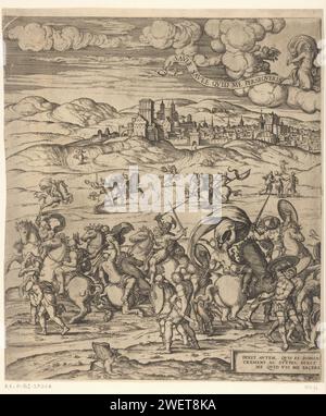Conversion de Paulus, Pieter van der Borcht (I), d'après Anonymous, 1545 - 1608 imprimer plaque de gauche. Les soldats romains se battent en dehors de la ville de Damas. Les chevaux paniquent. Paul est au milieu de l'estampe et est accompagné de ses compagnons à la ville (actes 9:8). Central au sommet, Christ apparaît des nuages avec deux anges. Deux banderoles en plus de Christ citant actes 9 : 4-5. Une banderole centrale au bas des actions 9. Gravure de papier sur le chemin de Damas Christ apparaît à Saul, qui tombe de son cheval et est aveuglé par la lumière. Blind Saul est conduit à Damasc Banque D'Images