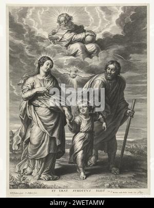 Christkind court entre Marie et Joseph avec Dieu et le Saint-Esprit, Schelte Adamsz. Bolswert, d'après Pierre Paul Rubens, 1596 - 1659 imprimer Sainte famille avec l'enfant Christ marchant sur la base de Marie à côté de Joseph. Au-dessus d'eux, Dieu pousse au ciel avec un globe et fait flotter un pigeon comme symbole de l'Esprit Saint, avec Christ, ils forment la Sainte Trinité. Sous le spectacle se trouve un texte biblique de Lucas 2. Représentations gravées sur papier dérivées de la Sainte famille. Sainte Trinité dans laquelle une, deux ou toutes les figures sont représentées sous forme humaine Banque D'Images