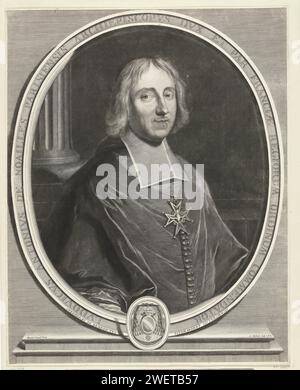 Portret van Louis -Antoine de Noailles, Gérard Edelinck, d'après Hyacinthe Rigaud, 1666 - 1728 tirage Portrait du cardinal français et évêque Louis-Antoine de Noailles (1651-1729), représenté en accompagnement ovale avec texte en latin et arme. gravure sur papier Banque D'Images