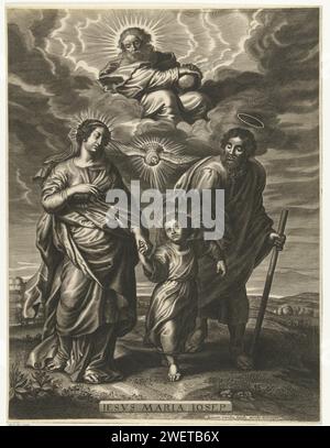 Christkind court entre Marie et Joseph avec Dieu et le Saint-Esprit, Anonyme, après Schelte Adamsz. Bolswert, d'après Pierre Paul Rubens, 1596 - 1709 imprimer Sainte famille avec l'enfant Christ marchant sur la base de Marie à côté de Joseph. Au-dessus d'eux, Dieu pousse au ciel avec un globe et fait flotter un pigeon comme symbole de l'Esprit Saint, avec Christ, ils forment la Sainte Trinité. Représentations gravées sur papier dérivées de la Sainte famille. Sainte Trinité dans laquelle une, deux ou toutes les figures sont représentées sous forme humaine Banque D'Images