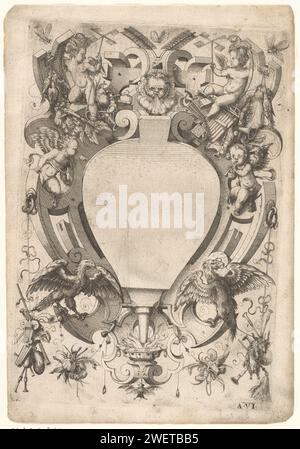 Page de titre avec cartouche Air, Jost Amman, d'après Wenzel Jamnitzer, 1568 imprimer au centre une boule de vessie dans un cadre avec des travaux de roulement décorés d'oiseaux de proie, des enfants avec des moulins assis sur des boules de vent, un enfant aveugle, une tête de vent et un enfant sifflant. Au sommet des insectes et des trophées avec des oiseaux capturés morts. Trophées suspendus avec des instruments à vent tels que cornemuses. Proef pression sans texte d'une page de titre dans Wenzel Jamnitzer, Perspectiva Corporum Regularium. soufflets de gravure / gravure de papier. air (un des quatre éléments). vents. vent comme un visage humain, soufflant avec des joues arrondies. (pl Banque D'Images