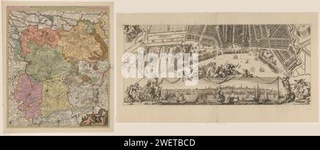 Carte de Amsterdam avec paysage urbain, composé de deux parties, Anonyme, 1691 - 1693 imprimer carte en quelques mots. En haut à gauche la légende 1-202. A droite de Putti avec les armoiries de la ville. Sous cette légende un putto avec le Wapen van Holland. En dessous un bol : échelle de 1000 pieds Amsteldam. Une banderole avec le titre en haut au milieu. En haut à gauche la légende 203-406. À gauche de Putti avec le sceau de la ville. Sous cette légende un putto avec l'arme du maire Gerard Bors van Waveren et l'affectation à celui-ci. En bas à gauche une figure féminine avec un récipient d'encens sur un chameau Banque D'Images