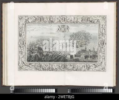 Reproduction d'un tapis mural sur l'Armada espagnole (28-29 juillet), 1739 estampe flotte anglaise et espagnole dans le canal entre Douvres et Calais, avec au sommet des armoiries de la reine anglaise Elizabeth I. La performance (numérotée IX) est contenue dans un bord orné de huit portraits de commandants de la flotte anglaise. Au milieu du portrait de Charles Howard, Lord High Admiral et commandant suprême de la flotte anglaise contre l'Armada espagnole. A l'étage et en dessous entre les portraits de la navigation avec des lances et des bannières et flanqués de putti. Ils soufflent sur une trompette ou elle Banque D'Images