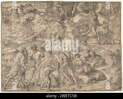 Le sacrifice d'Isaac, Cruin de Carpi, d'après Tiaan, d'après Domenico Campagnola, c. 1546 - c. 1549 impression au premier plan sur la gauche, Abraham, sur son chemin pour sacrifier son fils Isaak, adieu à ses serviteurs. Sur la droite en arrière-plan, le sacrifice a lieu qu'un ange est empêché à la dernière minute. L'histoire de l'ancien Testament est vue comme une pré-annonce du sacrifice du Christ. Comme il porterait son entrejambe, le Kleine Isaak aura un paquet de bois. La conception de cette section géante de bois compte comme la première œuvre du Titien. Les éléments de paysage peuvent avoir été conçus par vous Banque D'Images