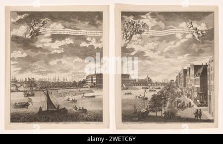 Vue sur les terres Zeemagazijn à Amsterdam, Johann Wilhelm Windter, d'après Adolf van der Laan, 1725 - 1731 estampe papier gravure chantier naval, navire. Vue sur la ville et paysage avec constructions artificielles Lands Sea Magazine Banque D'Images