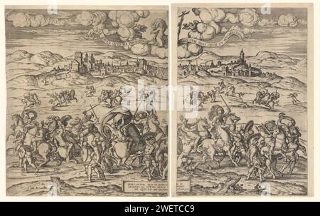 Conversion de Paulus, Pieter van der Borcht (I), après Anonymous, 1545 - 1608 imprimer les soldats romains se battent en dehors de la ville de Damas. Les chevaux paniquent. Paul est au milieu de l'estampe et est accompagné de ses compagnons à la ville (actes 9:8). Central au sommet, Christ apparaît des nuages avec deux anges. Deux banderoles en plus de Christ citant actes 9 : 4-5. Une banderole centrale au bas des actions 9. Gravure de papier sur le chemin de Damas Christ apparaît à Saul, qui tombe de son cheval et est aveuglé par la lumière. Aveugle Saul est conduit à Damas. simple c Banque D'Images