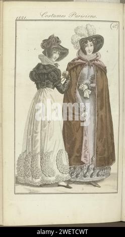 Journal des dames et de la mode, editis Francfort 18 novembre 1821, costumes parisiens (47), Anonyme, 1821 le texte d'accompagnement (p. 576) mentionne : Fig. 1 : chapeau de velours, orné de fleurs et de blonde. Spencer de velours, avec col tourné, garni de blonde (canette). Commode en coton batist, garnie de fente de mousseline en forme de paumes. Gants verts. Chaussures noires. Fig. 2 : chapeau de velours, doublé du même tissu. Barron de Barèges, garni de scission par gros de Naples. Pelisse van Lévantine. Gants blancs. Bottes Lila. L'imprimé fait partie du magazine de mode JO Banque D'Images