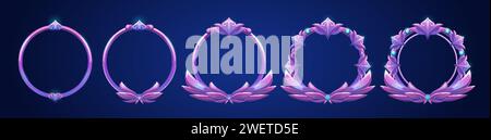 Cadre d'avatar ou bannière de menu pour la conception de l'interface utilisateur de rang de jeu. Ensemble de vecteurs de dessin animé du processus d'évolution de la frontière de cercle métallique décoratif fantaisie avec diff Illustration de Vecteur