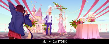 Marié et mariée sous arc de mariage drapé et décoré de fleurs et photographe dans une configuration de mariage romantique festive avec bouquet de roses à l'extérieur d'aga Illustration de Vecteur