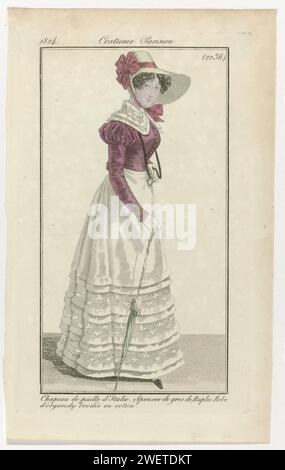 Journal des dames et de la mode, costume parisien, 15 mai 1824, (2236) : chapeau de paille Itali (...), 1824 Femme debout dans un spencer de 'gros de Naples' sur une robe organdy brodée de coton. Sur la tête un chapeau de 'paille d'Italie'. Autres accessoires : gants, lorgnet avec cordon, bracelet autour du poignet droit, parasol, chaussure à nez carré. Le tirage fait partie du magazine de mode Journal des Dames et des modes, édité par Pierre de la Mésangère, Paris, 1797-1839. plaques de mode gravées en papier. robe, robe (+ vêtements pour femmes). casque : chapeau (+ vêtements pour femmes). vêtement pour tige Banque D'Images