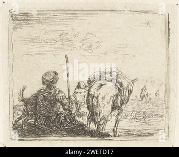 Paysage italianisant avec mâle, chien, berger et cheval, Karel du jardin, 1652 - 1659 papier gravure cheval. troupeaux, bergers, bergers, bergers, bergers, bergers, vache, etc Banque D'Images