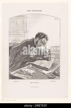 Homme derrière un bureau, lisant dans un journal, Firmin Gillot, après Paul Gavarni, 1858 imprimé il soutient sa tête avec sa main. impression sur papier, p.ex. : gravure, gravure, lithographie. collection d'œuvres d'art. marchand d'art. Banque D'Images