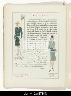 Art - goût - Beauté, feuilles d'élégance féminine, novembre 1928, n° 99, 9e année, p. 18, J. Dory, d'après R. Drivon, d'après Colette, d'après atelier A.G.B., 1928 chapeaux et fourrures : texte avec des images de deux robes. Gauche : Robe d'après-midi en velours imprimé, de Jean Patou. Droite : 'robe de Sport' de Jersey, de Jean Patou. Page du magazine de mode Art-Goût-Beauté (1920-1933). assiettes de mode en papier. robe, robe : robe de jour (+ vêtements pour femmes). Robe, robe (ROBE DE SPORT) (+ vêtements pour femmes). casque : chapeau (+ vêtements pour femmes). Sac (SAC À MAIN) (+ vêtements pour femmes). Gants, moufles (GANTS COURTS) (+ Banque D'Images