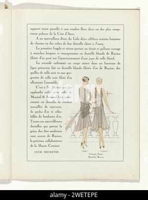 Art - goût - Beauté, feuilles d'élégance féminine, novembre 1928, n° 99, 9e année, p. 25, Anonyme, 1928 texte avec l'image de deux femmes en robes Jenny. Côté racine. Page du magazine de mode Art-Goût-Beauté (1920-1933). papier. peignez (enduction) des plaques de mode au pinceau. robe, robe (+ vêtements pour femmes). dentelle (+ vêtements pour femmes). chaussures, sandales (+ vêtements pour femmes). balustrade Banque D'Images