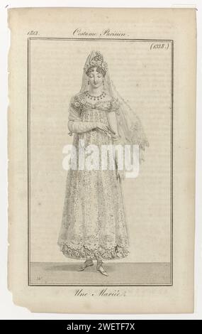 Journal des dames et de la mode, costume parisien, 10 septembre 1813, (1338) : un marié., 1813 mariée vêtue d'une robe de mariée avec motif de fleurs et de feuilles. Manches courtes bouffantes et taille haute. Dans les cheveux un diadème avec des fleurs. Autres accessoires : voile, boucles d'oreilles, collier, fleur en relief, gants longs, éventail, chaussures plates avec pneus croisés et arcs (Cothurnes). Le tirage fait partie du magazine de mode Journal des Dames et des modes, édité par Pierre de la Mésangère, Paris, 1797-1839. plaques de mode gravées en papier. mariée (en robe de mariée). diadem, tiare (+ vêtements pour femmes). gants, mitte Banque D'Images