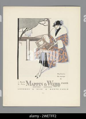 Gazette du bon ton, 1921 - n° 2, pl. VIII : Publicité Mappin & Webb, 1921 Publicité Mappin & Webb, bijouterie-Orfèverie, 1, rue de la paix, Paris. Femme assise dans un manteau à damier avec une aiguille de voyage ouverte sur leurs genoux. assiettes de mode en papier. boîte à bijoux. outils  faire des toilettes Banque D'Images