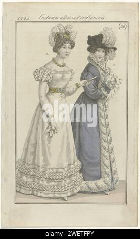 Journal des dames et de la mode, editis Francfort 1824, costumes allemands et François, (52), 1824 1. 'Coeffure' conçu par M. Albin. Robe en tulle, décorée de volants de tulle et de rubans de satin. Parure composé d'un peigne à cheveux (?), Earbell dans l'oreille droite, collier, deux bracelets et ceinture. 2. Manteau garni de fourrure. Chapeau avec autruches et rubans de noeud. Tirage du magazine de mode Journal des Dames et des modes, Francfort-sur-le-main, 1798-1848. Fig. 1 est un exemplaire du numéro 2283 du magazine de mode Journal des Dames et des modes, publié par Pierre de la Mésangère, Paris, 1797-1839 Banque D'Images