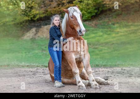 Une jeune femme adulte en formation de trick d'équitation avec son cheval de trait de sang froid noriker marron en automne à l'extérieur Banque D'Images