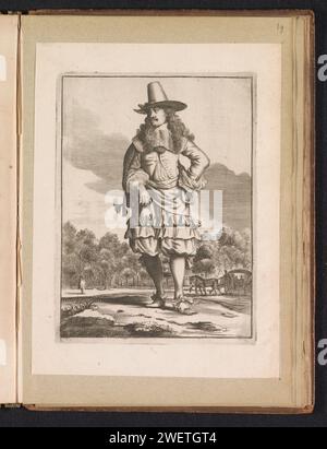 Homme debout, habillé selon la mode vers 1660, Jan van Troyen, d'après Gerbrand van den Eeckhout, c. 1660 Homme debout devant un paysage, habillé selon la mode vers 1660. Il porte un Wambuis très court (innocent) avec col en dentelle, un pantalon de genou bouffant avec des rouches et des chaussures avec des arcs. Sur ses longs cheveux un chapeau avec une sphère haute et effilée, avec une bande de haine. Chariot droit A. gravure papier vêtements, costume (+ vêtements pour hommes). casque : chapeau (+ vêtements pour hommes). soin des cheveux. chaussures, sandales (+ vêtements pour hommes). bas, chaussettes (+ vêtements pour hommes). noeud (partie ornementale de tissu Banque D'Images