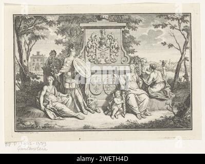 Spectacle allégorique en hommage à Ferdinand van Collen, 1725 estampes les figures allégoriques des femmes sont des figures féminines allégoriques autour d'un monument avec écusson familial du genre Collen et les armoiries. Juste justice avec à côté de son amor qui porte un phases. Derrière la justice une femme qui montre les armoiries de la ville d'Amsterdam. A gauche en arrière-plan un domaine de campagne, à droite une bataille est en cours. Hommage à Ferdinand van Collen. gravure sur papier / gravure / impression typographique portant armorial, héraldique. armoiries (symbole de l'état, etc.). Justitia (justice Banque D'Images