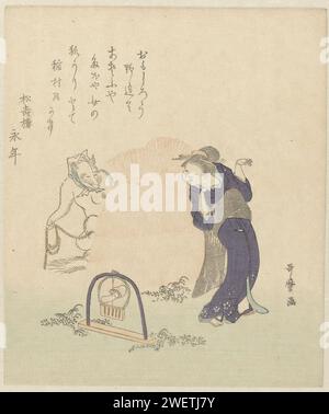 Femme dans une pince à renard, kitagawa utamaro, c. 1890 - c. 1900 imprimer Une femme se tient à côté d'une pince à renard avec un champignon comme appât. Derrière la femme un renard blanc rusé qui s'est habillé comme un être humain et veut attraper l'appât avec une corde. Avec un poème. L'estampe est une copie B de la fin de l'ère Meiji (1868-1912). papier couleur bois bêtes de proie, animaux prédateurs : renard Banque D'Images