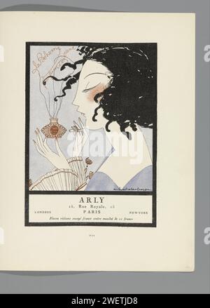 Gazette de bon ton. Art - modes & frivolités : matériel publicitaire, 1921 Advertisement Arly, 15, rue Royale, Paris. Parfum 'la Bohème' : tête de femme avec flacon de parfum. assiettes de mode en papier. flacon de parfum Banque D'Images