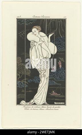 Journal des dames et de la mode, costumes parisiens, 1913, n°112 : manteau en velours (...), 1913 Mantel en velours blanc brodé de perles (ou perles). Débris de Damas blanc. Chaussures roses avec nez pointu. Collier long. En arrière-plan un écran pliant ou un papier peint avec chinoiserie. Tirage du magazine de mode Journal des Dames et des modes (1912-1914). plaques de mode gravées en papier. manteau (+ vêtements pour femmes). collier (+ vêtements pour femmes). broderie avec perles (+ vêtements pour femmes). parties ornementales de vêtements (+ fourrure pour vêtements) Banque D'Images