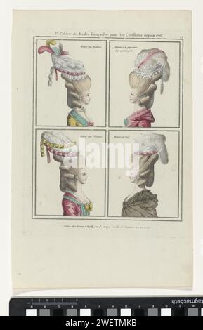 Coiffures, poufs, chapeaux et bonnets : onze coiffures et coiffures, 1776 Vier Vrouwenkapsels in Verschillende Typen Mutsen, Verdeeld in kaders. Van Linksboven naar Rechtsonder : bonnet aux bouillons, chapeau au paysan d'un goût nouveau, bonnet, bonnet. Présente UIT série C. 3e cahier de modes français pour les coe depuis 1776, Gallerie des modes et costumes français. plaques de mode gravées en papier. vêtements pour la partie supérieure du corps (+ vêtements pour femmes). cou-équipement  vêtements (+ vêtements pour femmes). Casque (BONNET Ã LA PAYSANNE) (+ vêtements pour femmes). casque : casquette (+ vêtements pour femmes). style Banque D'Images