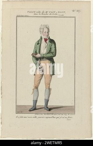 Petite galerie dramatique, 1796-1843, n° 367 : talon rôle de MR LIVRE (...), 1796-1843 Costume de l'acteur talon dans le rôle de MR fait-tout dans la comédie 'la mouche du coche', exécutée dans 'Théâtre de l'imrératrice'. Frrak, gilet, pantalon de genou. Cravate. Bas rayés. Slobbouses et chaussures. Boîte Snuif (?) Dans la main. Tirage tiré du magazine petite Galerie dramatique ou Recueil de différents costumes d'acteurs des Théâtres de la capitale (1796-1843). Gravure papier cou-équipement  vêtements (CRAVAT) (+ vêtements pour hommes). acteur (sur scène). chaussures, sandales (+ vêtements pour hommes). pantalons, culottes, etc (BREE Banque D'Images