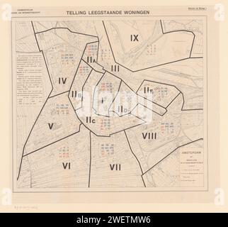 Reproduction d'une carte d'Amsterdam avec le comptage des maisons vacantes dans la ville, anonyme, en ou après 1912 impression photomécanique au sommet : construction municipale et surveillance des logements. Appartient à l'annexe I. cartes photolithographiques papier des villes Amsterdam Banque D'Images