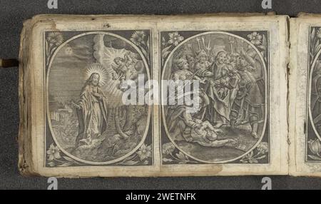 Christ à la cour de Getsémane, 1576 - 1650 imprimer Christ prie à la cour de Getsémane. Un ange avec un calice apparaît du ciel. Ses élèves dorment en arrière-plan. Judas entre dans le jardin par la porte et les soldats pointent l'endroit où Christ prie. Ovale dans un cadre rectangulaire, une fleur dans chaque coin. L'impression fait partie d'un album. Papier gravé la prière du Christ dans le jardin de Gethsémani pendant la nuit Banque D'Images