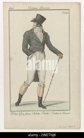 Journal des dames et de la mode : mode homme, 1806 Homme, marchant à droite, vêtu d'une «habitude» gris foncé, gilet et pantalon de genou. Chemise avec Jabot froissé. Cravate. Autres accessoires : chapeau haut de gamme, gant, bâton de marche, bottes avec couvertures contrastées. Le tirage fait partie du magazine de mode Journal des Dames et des modes, édité par Pierre de la Mésangère, Paris, 1797-1839. plaques de mode de gravure de papier.. pantalons, culottes, etc (CULOTTES) (+ vêtements pour hommes). Vêtements pour la partie supérieure du corps (GILET) (+ vêtements pour hommes). bottes (+ vêtements pour hommes). manteau (+ vêtements pour hommes). gants, mitaines Banque D'Images