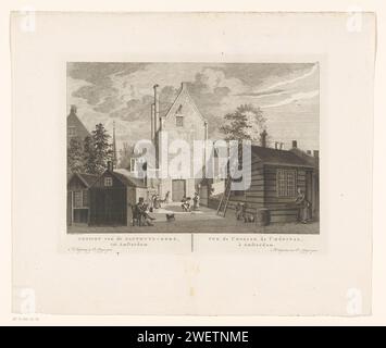 Vue du Gasthuiskerk à Amsterdam, Hermanus Petrus Schouten (possible), d'après Hermanus Petrus Schouten, v. 1770 - 1783 print vue du Gasthuiskerk sur le Gasthuishof sur le Oude Turfmarkt à Amsterdam. Différents personnages dans la rue. A droite un homme fume la pipe, derrière elle une femme reçoit de l'eau. Au milieu, deux hommes sont occupés à poser des pierres. Sur la droite, deux hommes sont occupés à la peinture et une femme fait la lessive. Sous le spectacle le titre en néerlandais et en français. Numéroté en haut à droite : 55. Gravure sur papier église (extérieur) - QQ - petite église, chapelle. rue (+ ville(-sca Banque D'Images