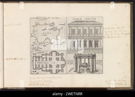 Plan de Rome, l'escalier Saint, St. Basilique de Pierre et le Baptisterium des laterans, Matthäus Greuter, 1618 estampe feuille avec quatre représentations. En haut à gauche une carte de Rome. En haut à droite, l'escalier Saint à Rome. En bas à gauche : une carte de la St. Basilique de Pierre dans la Cité du Vatican. En bas à droite le Baptisterium des laterans. Une légende en italien à chaque performance. L'impression fait partie d'un album. cartes gravées sur papier, atlas. plan  architecture. église (extérieur) escalier sacré. Rome. St. Basilique de Pierre. Baptisterium de Lateranen Banque D'Images