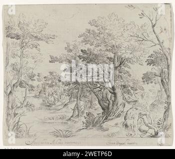 Paysage avec Vénus qui pleure la mort d'Adonis, 1613 print Vénus pleure dans un paysage pour Adonis qui a été tué par un sanglier pendant la chasse. En plus du corps d'Adonis, une corne de chasse et son épée. Papier mordant Vénus pleurant Adonis Banque D'Images